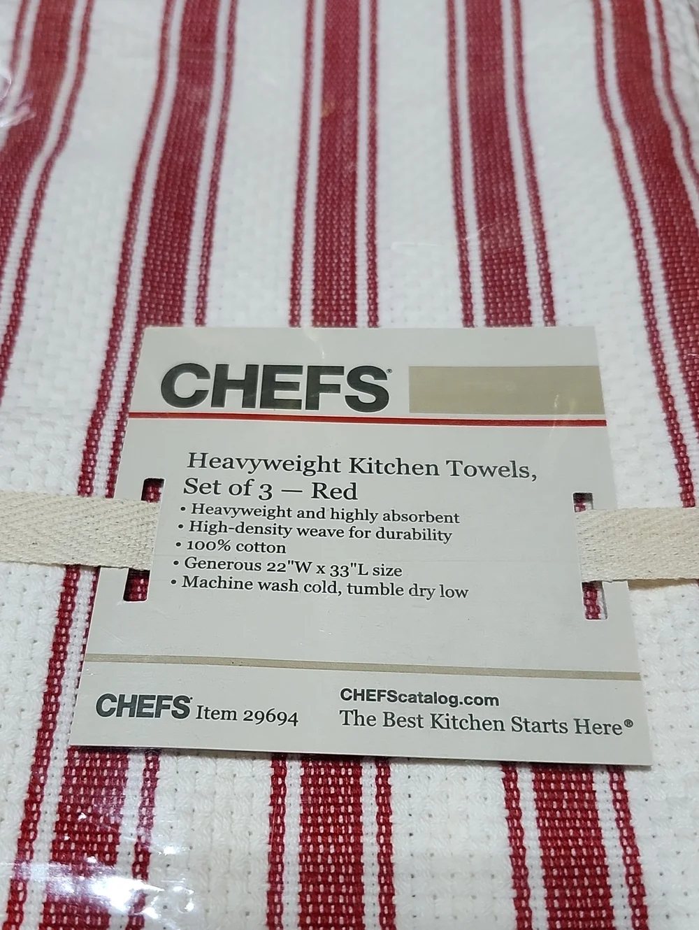 CHEFS PROFESSIONAL GRADE HEAVYWEIGHT COTTON RED WOVEN STRIPED SET-OF-3 TOWELS
